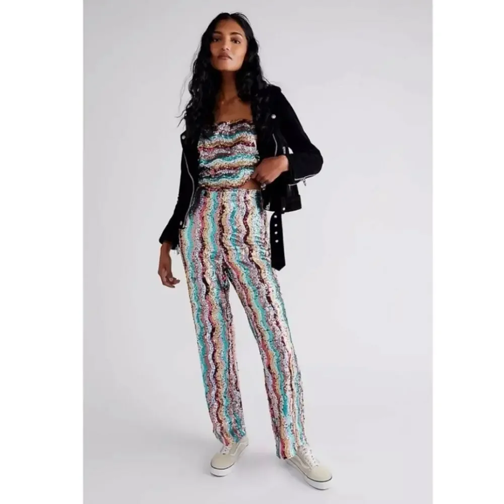 Free People Dance Again Retro Rainbow Sequin Size 2 Pants